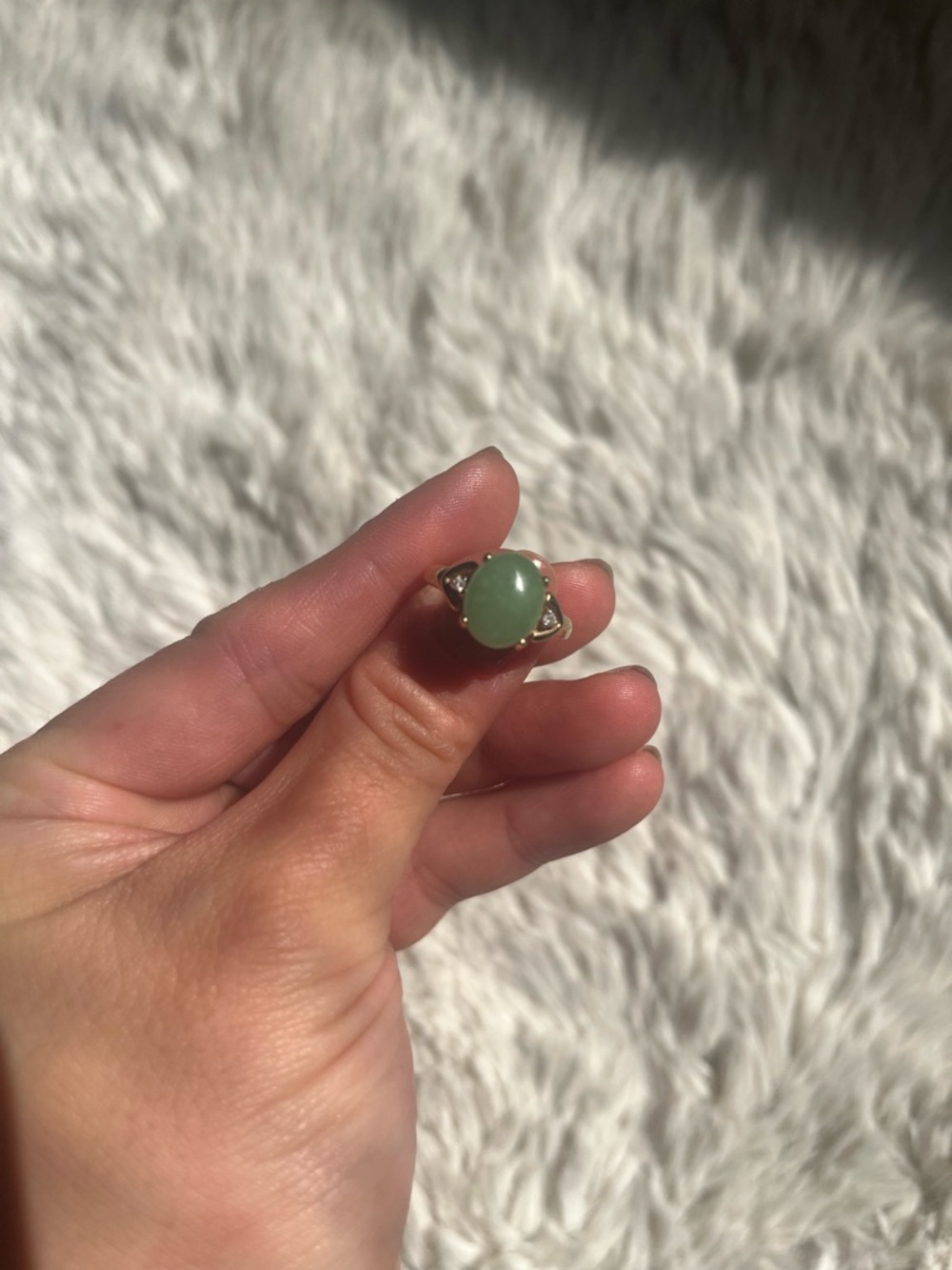 14k nephrite/jadeite/jade cabochon ring with accent diamonds size 6.5-6.75